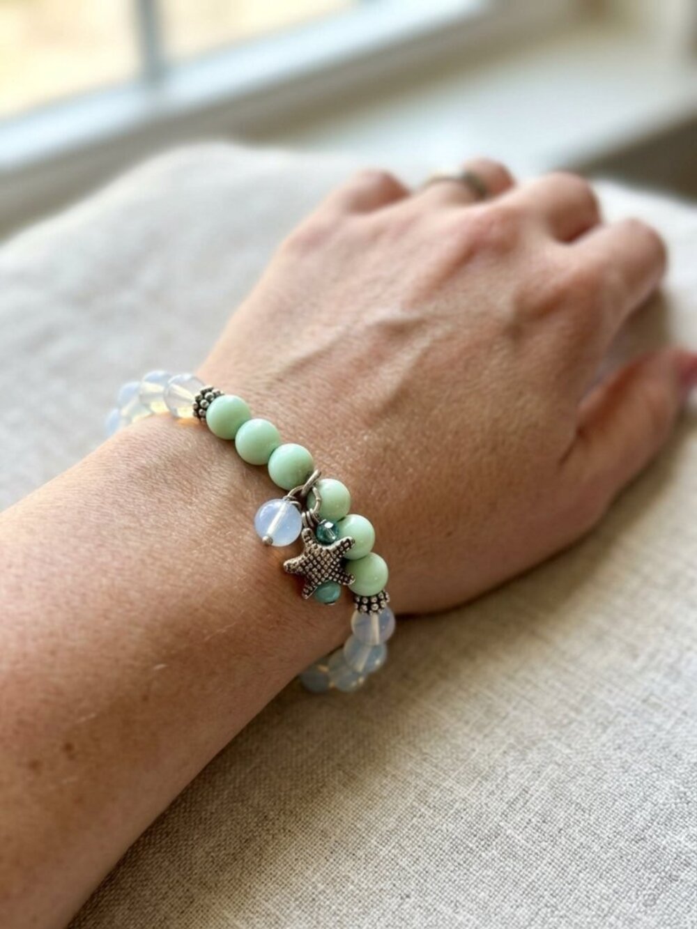Starfish Charm Stretch Bracelet, Mint Green & Opalite Beads, Beachy Boho